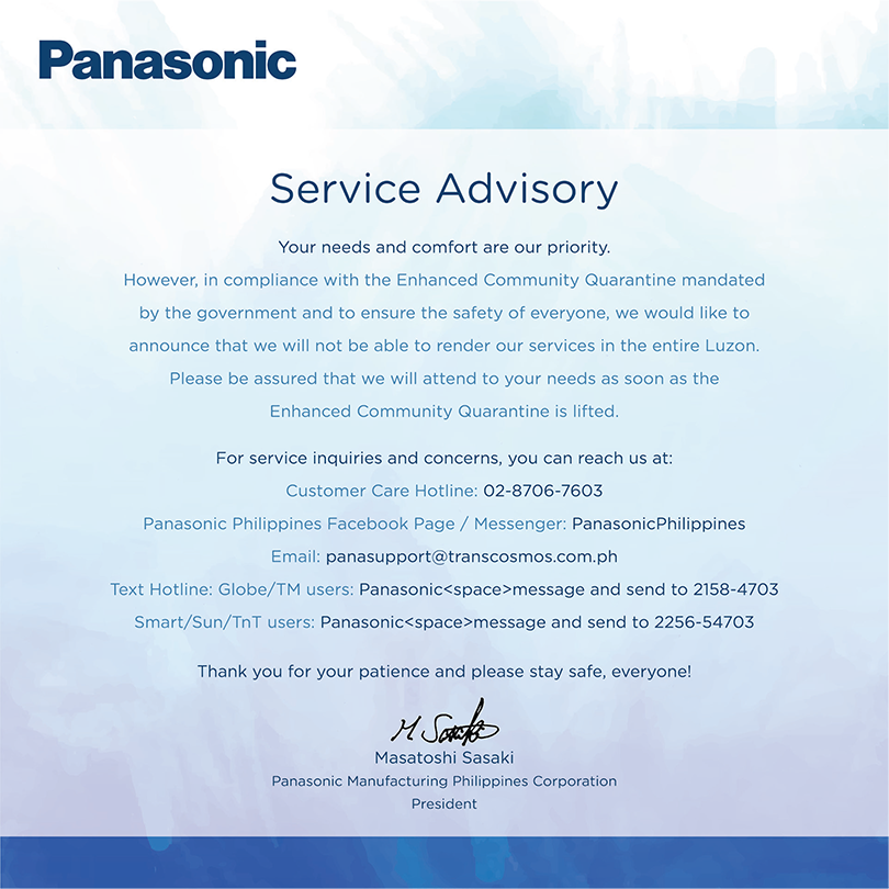 Panasonic Advisory (Enhanced Community Quarantine)